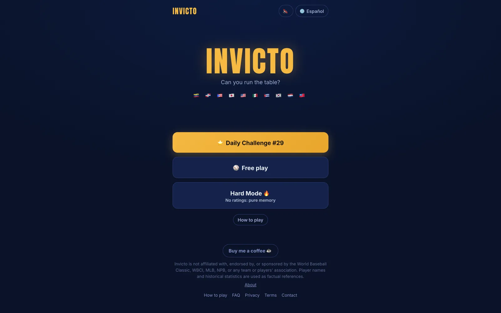 Invicto: Build a 12-slot World Baseball Classic roster across six editions, then try to finish a seven-game tournament undefeated.