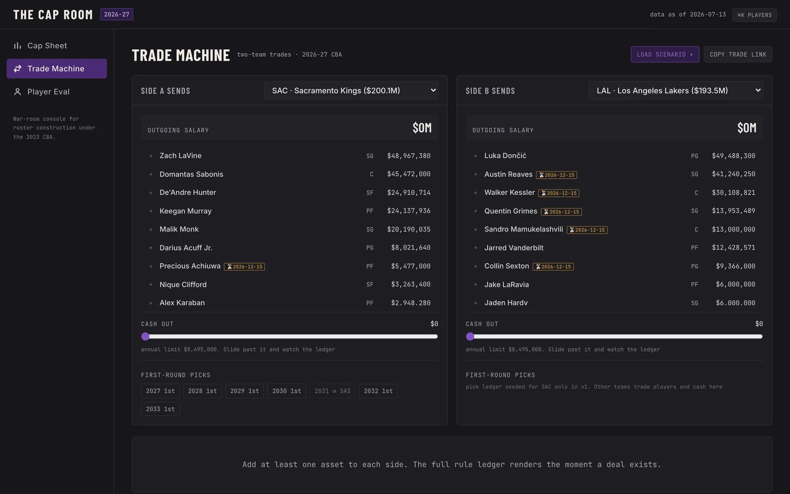 The Cap Room: An NBA front-office console for cap sheets, explainable two-team trade checks, and player evaluation.